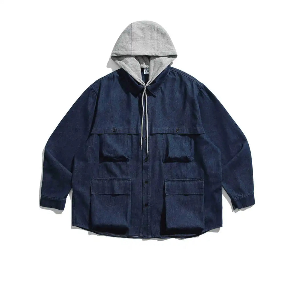 2025SS Japanese Vintage Fashion Brand Detachable Hooded Denim Coat  Men's Multi Pocket Shirt Jacket