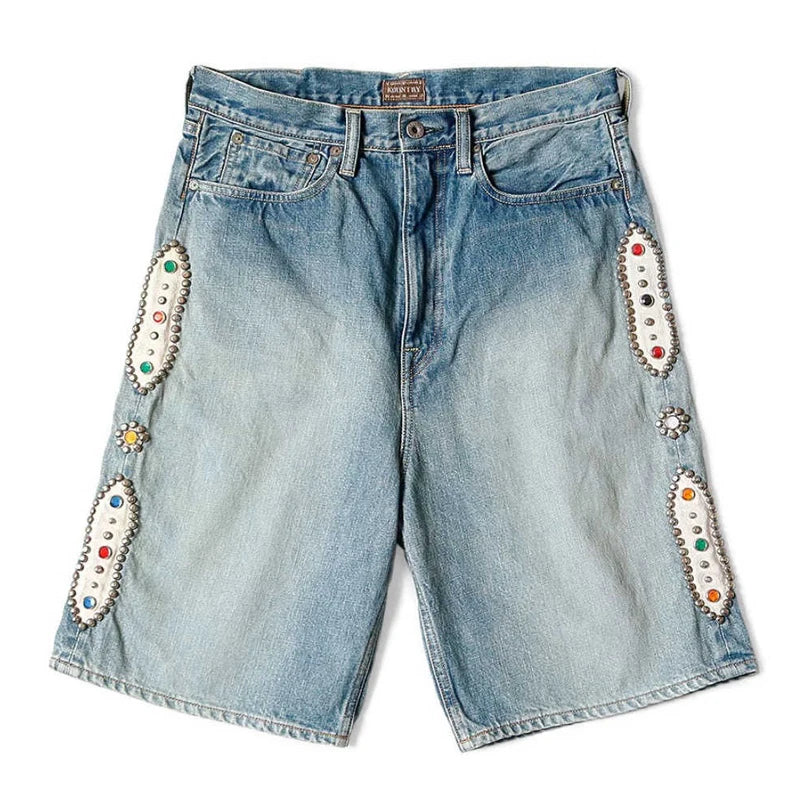 New Japan KAPITAL Loose Casual Pants Embroidered Bone Wash Water Distressed Raw Hem Denim Shorts for Men