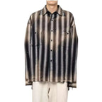 24AW Japanese Casual Pure Cotton Striped Duck Embroidered Vintage Loose Shirt Long Sleeved Distressed Plaid Top
