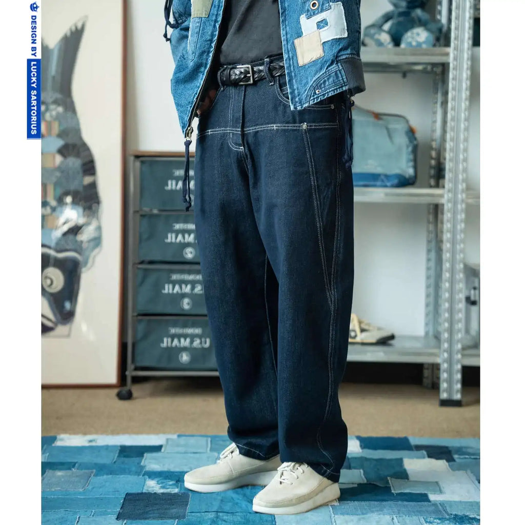 Japanese Retro Washed Distressed Jeans Men's Trendy Brand Loose Wide Leg Long Pants