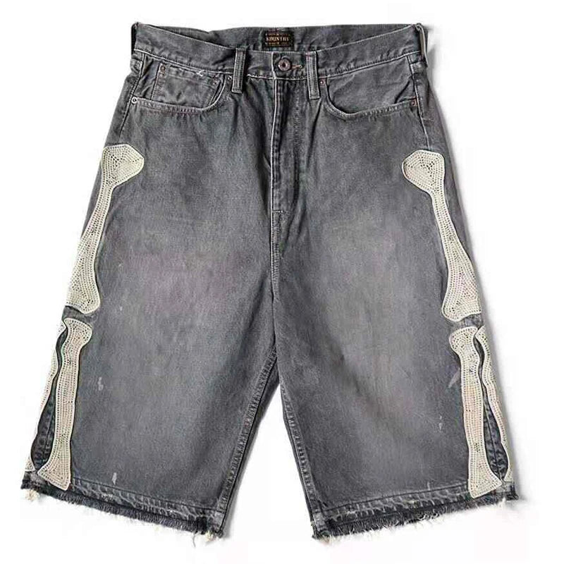 New Japan KAPITAL Loose Casual Pants Embroidered Bone Wash Water Distressed Raw Hem Denim Shorts for Men