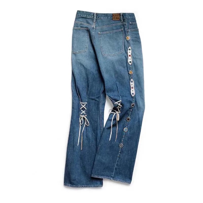 New 25ss Kapital Hirata japan Style Wash Heavy Industry Rivet Cowboy Gemstone Pants Men Fashion Wide Leg Jeans Hot Seller