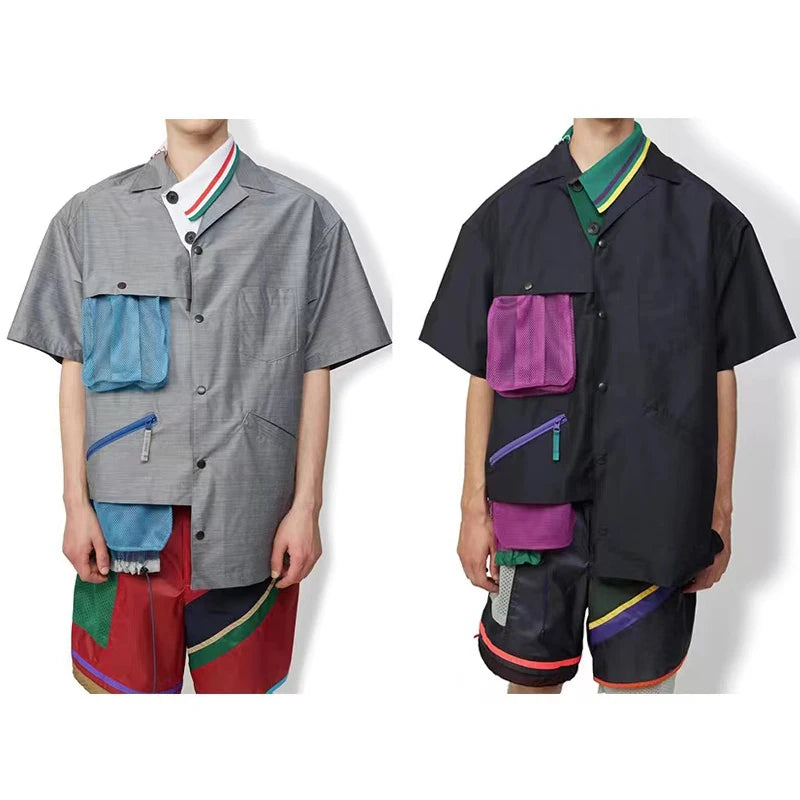 New Arrival 23SS KOLOR Abe Double Color Irregular Collar Meshcolor Blocked Short Sleeve Shirt for Men