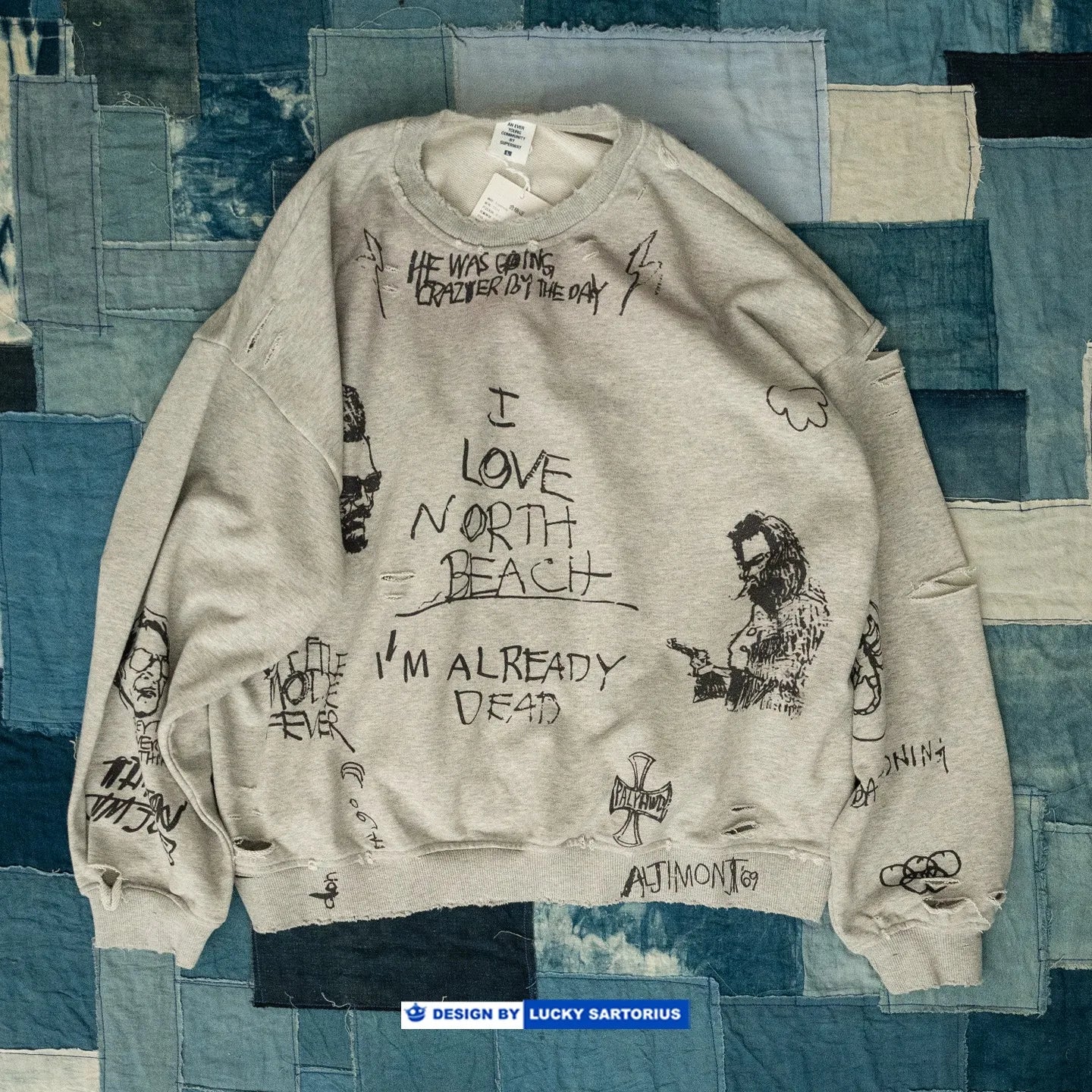 American Retro Washed Distressed Hand Drawn Graffiti Printed Round Neck Hoodie for Men and Women Loose Casual Top