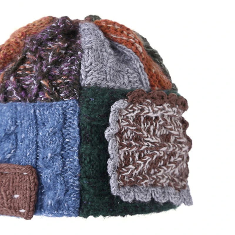 Original Retro Handmade Knitted Colorful Wool Thread Autumn and Winter Patchwork Hat Vintage Style
