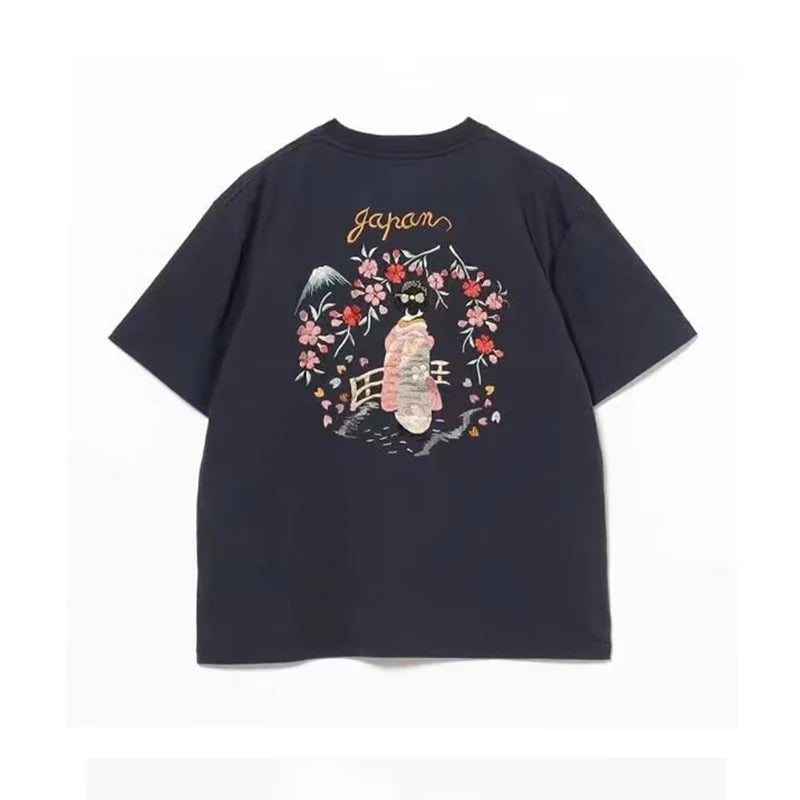 25SS Japanese Retro Summer New Style Cherry Blossom Letter Embroidery Round Neck Casual Short-sleeved T-shirt for Men and Women