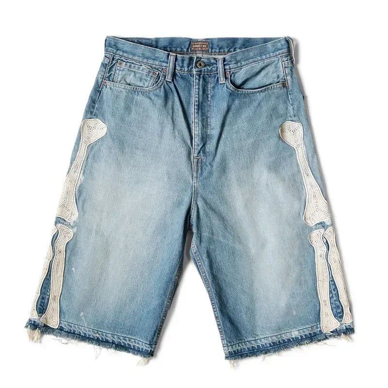 New Japan KAPITAL Loose Casual Pants Embroidered Bone Wash Water Distressed Raw Hem Denim Shorts for Men
