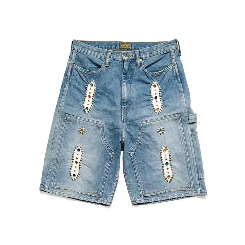 New Japan KAPITAL Loose Casual Pants Embroidered Bone Wash Water Distressed Raw Hem Denim Shorts for Men