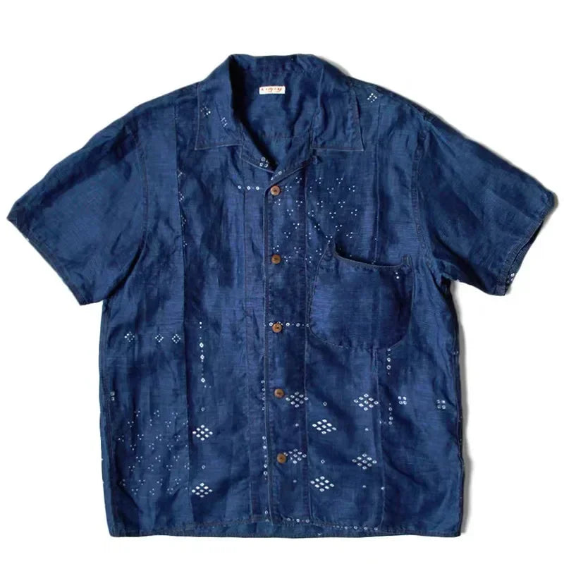 Japan KAPITAL Hirata Hohiro Blue Dyed Denim Cotton Hemp Print Women and Men Vintage Loose Short Sleeved Shirt