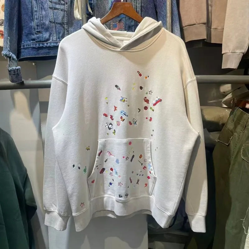 American Streetwear Trendy Cartoon Fun Sticker Print Hooded Sweatshirt for Men and Women Loose Loop Knit Fall and Winter Hoodies