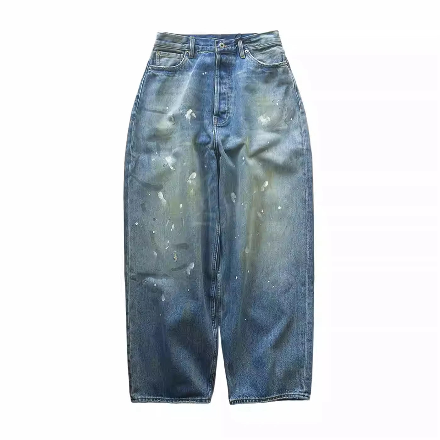 Water Washed Repainted Vintage Light Blue Jeans Japanese Trendy Men's and Women's Loose Straight Leg Heavyweight Pants