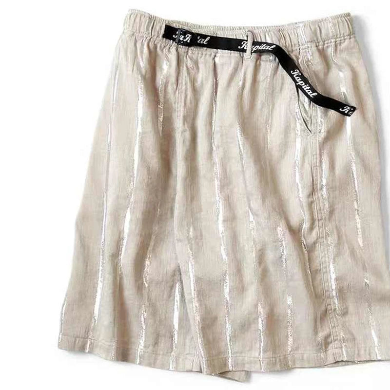 Kapital Hirata Style Linen Bright Color Coarse Stripe Custom Fabric Drawstring Elastic Waist Shorts for Men