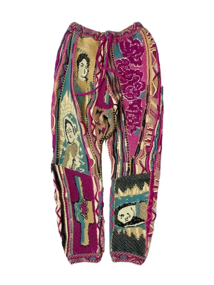 Kapital Vintage Hirata Hiroshi Japan Splice Men's Hip Hop Anti War Loose Knitted Pants Blue Tied Thick Sweatpants