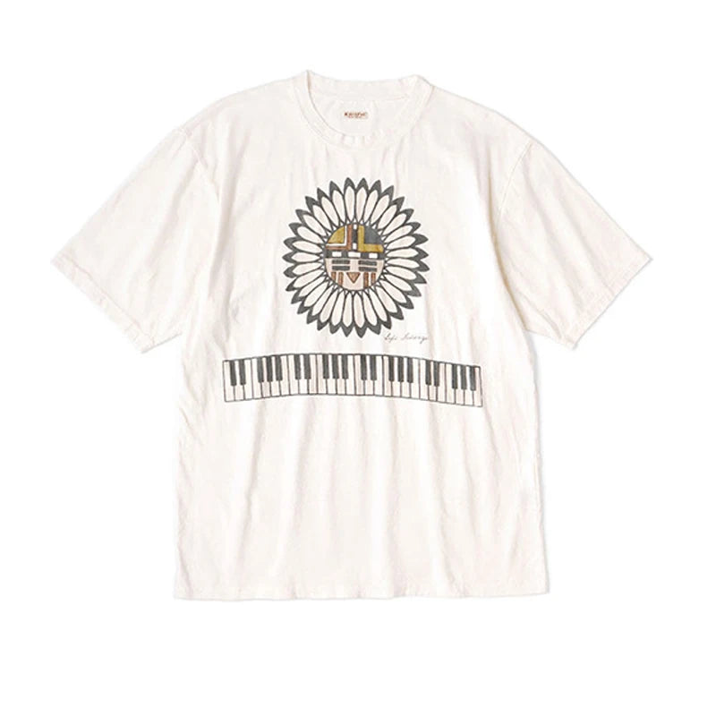 25SS Hirata KAPITAL Japanese Casual Tianzhu Cotton Tops Printed Piano Key Round Neck Short Sleeved T-shirt