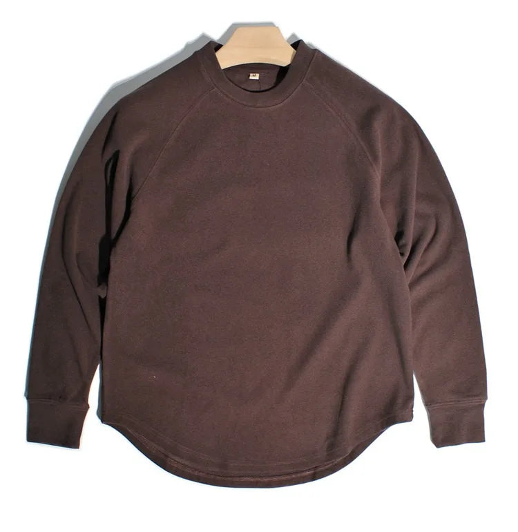 American Retro Double-sided Velvet Loose Curved Hem Warm Base T-Shirts Casual Shoulder Long Sleeved Tees Sweatshirt for Men