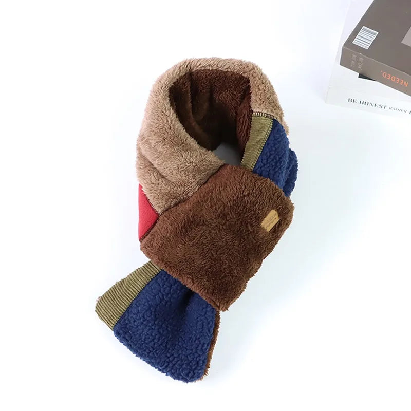 Japanese Autumn Winter Men's and Women's Scarves Velvet Thickened Warm Cross Scarf Color Blocked Outdoor Windproof Neck Cover