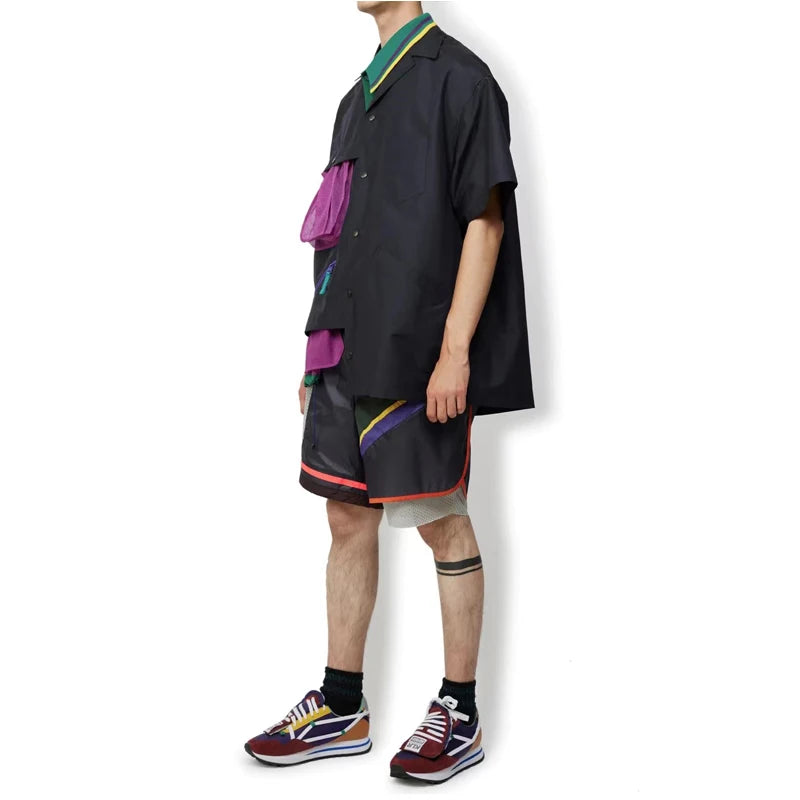 New Arrival 23SS KOLOR Abe Double Color Irregular Collar Meshcolor Blocked Short Sleeve Shirt for Men