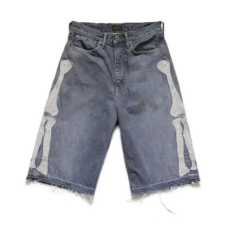 New Japan KAPITAL Loose Casual Pants Embroidered Bone Wash Water Distressed Raw Hem Denim Shorts for Men
