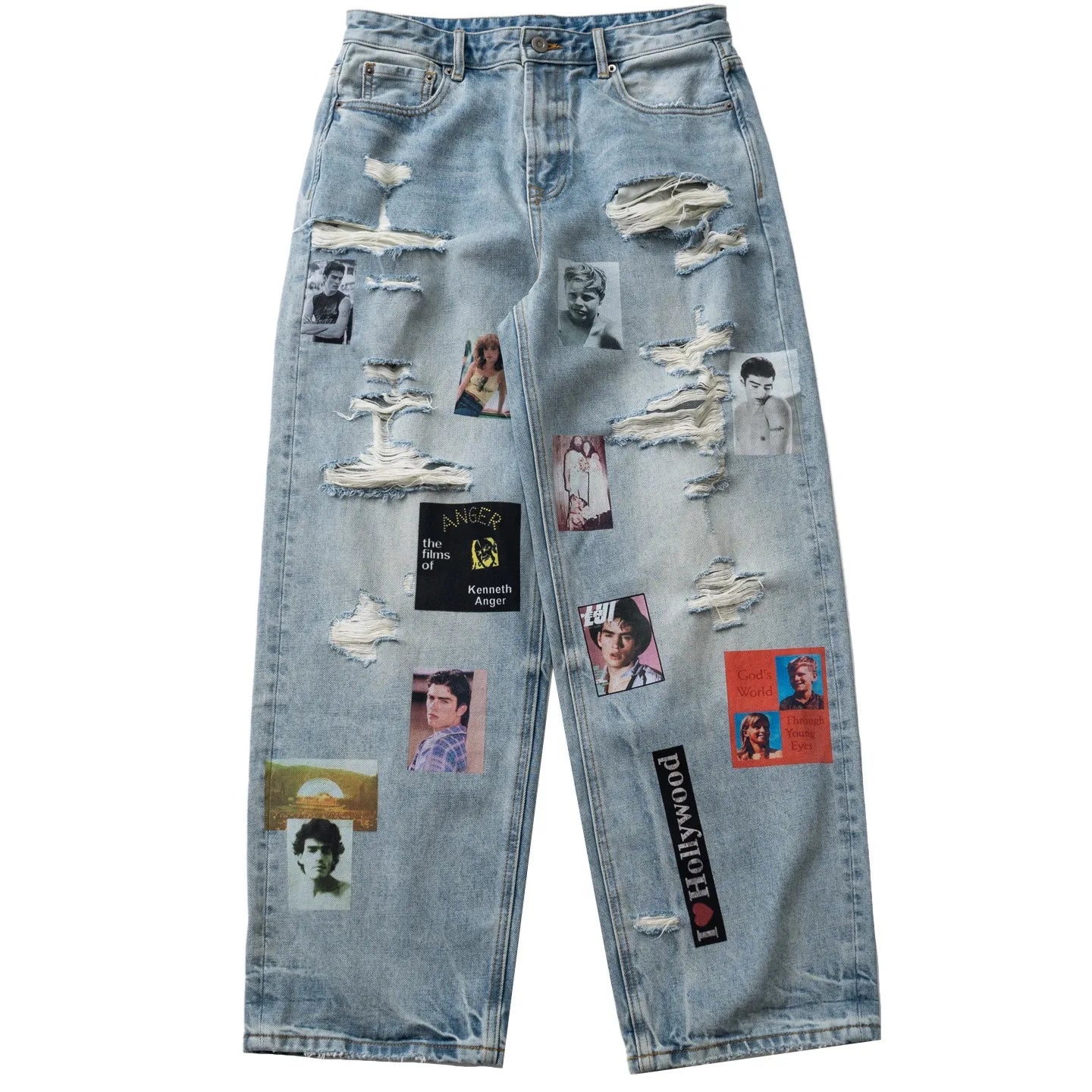 Autumn and Winter Thick Denim with Perforated Portrait Print Niche Straight Leg Long Jeans Men's and Women's Fashion Pant