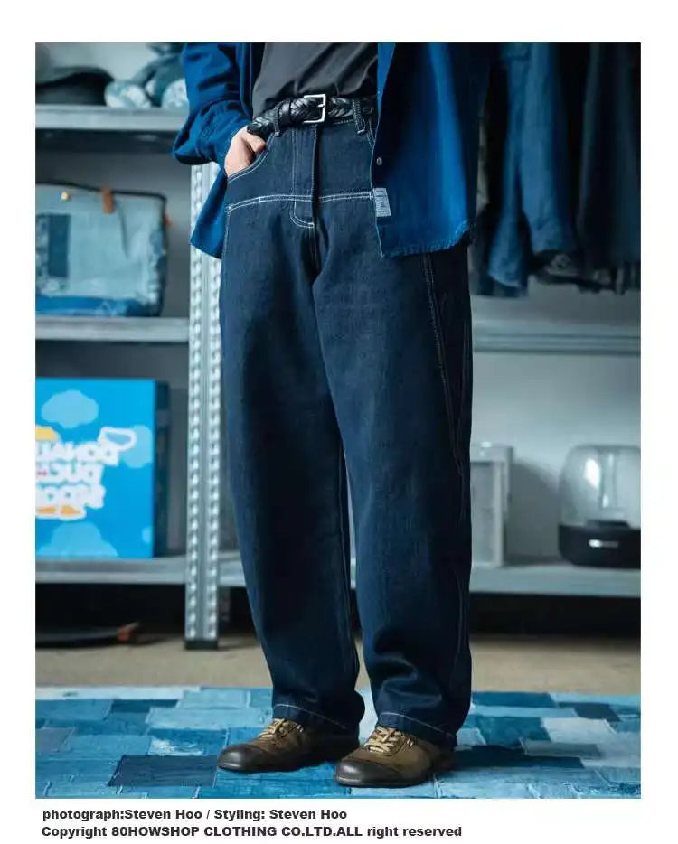 Japanese Retro Washed Distressed Jeans Men's Trendy Brand Loose Wide Leg Long Pants
