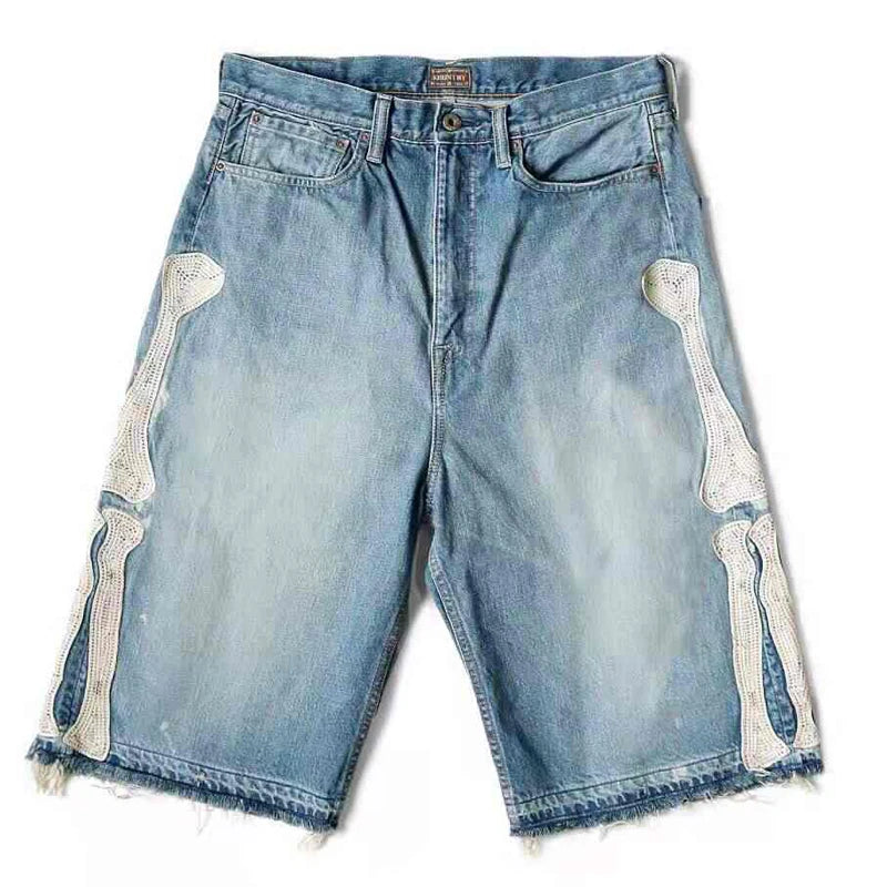 New Japan KAPITAL Loose Casual Pants Embroidered Bone Wash Water Distressed Raw Hem Denim Shorts for Men