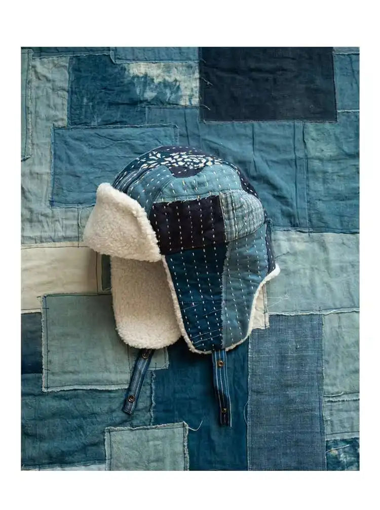 Embroidered Indigo Patchwork Warm Ear Protection Bomber Hat for Men and Women Winter with Thick Velvet and Anti Cold Flying Hat