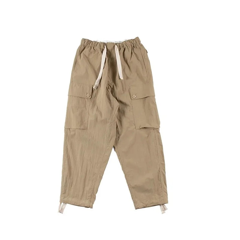 NAnami Japanese Retro Men's and Women's Multi Pocket Large Pocket Drawstring Ankle Tied Loose Casual Straight Leg Pants