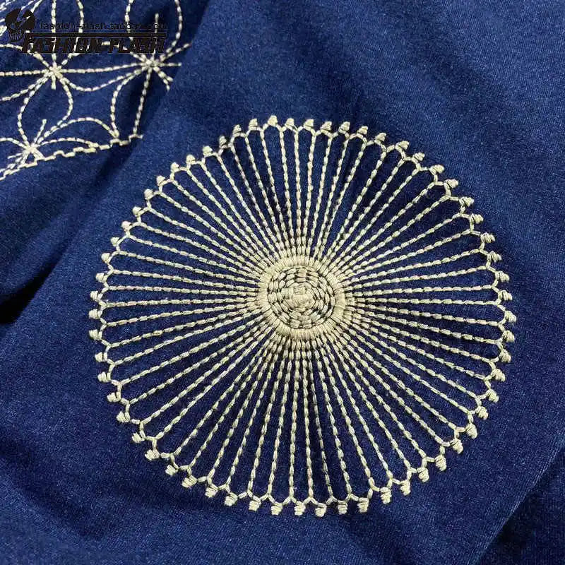 KAPITAL Hirata Kazuhiro's New Japanese Blue Dye Embroidered Lightning Retro Trend Casual Long Sleeved T-shirt for Men