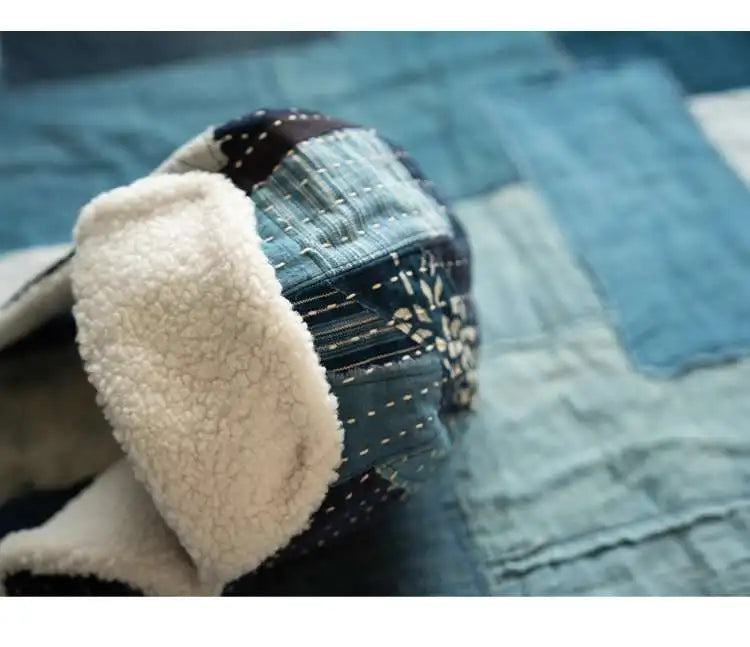 Embroidered Indigo Patchwork Warm Ear Protection Bomber Hat for Men and Women Winter with Thick Velvet and Anti Cold Flying Hat