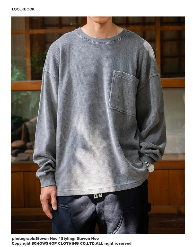 Japanese Patch Pocket Waffle Washed Loose Shoulder Tops Round Neck Long Sleeved T-shirt for Men