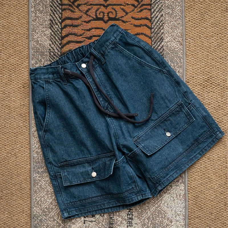 Summer Men's New Japanese Trendy Workwear Style Double Pocket Loose Drawstring Elastic Waist Denim Shorts for Men and Women