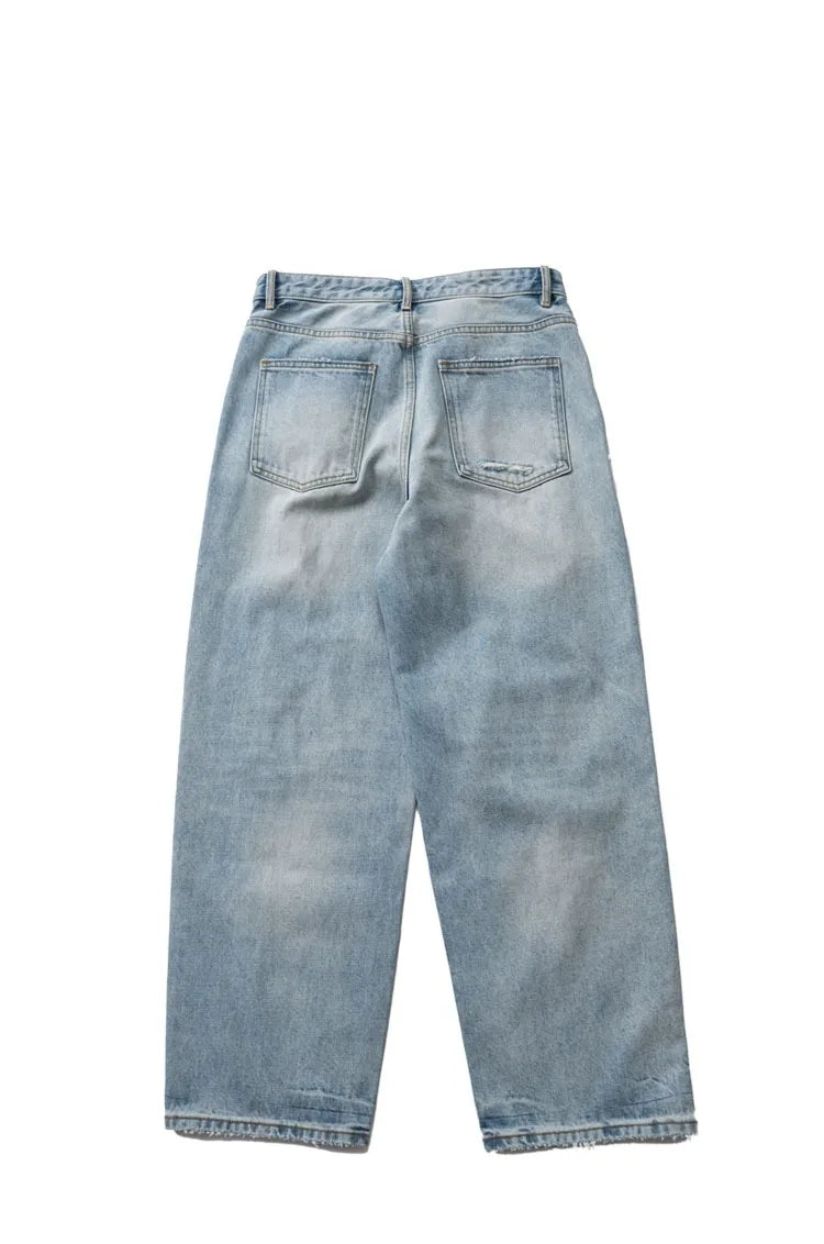 Autumn and Winter Thick Denim with Perforated Portrait Print Niche Straight Leg Long Jeans Men's and Women's Fashion Pant