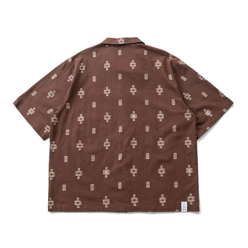 Japanese Retro Geometric Cut Flower Short Sleeved Shirt Summer Casual Loose Cuban Collar Top for Men