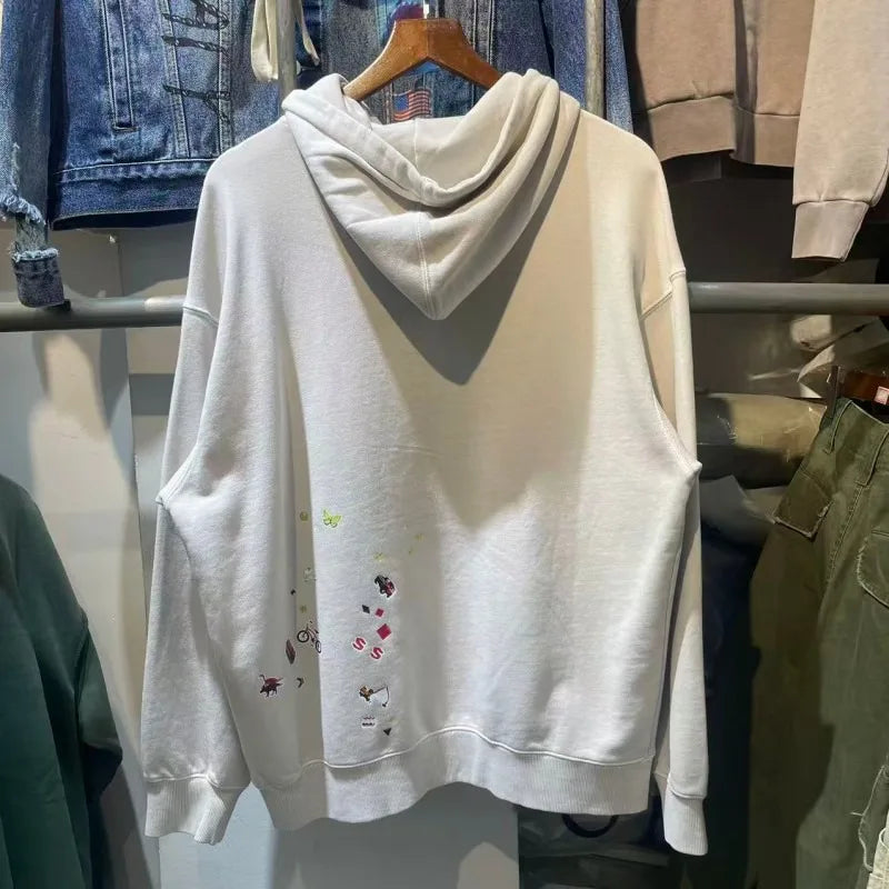 American Streetwear Trendy Cartoon Fun Sticker Print Hooded Sweatshirt for Men and Women Loose Loop Knit Fall and Winter Hoodies