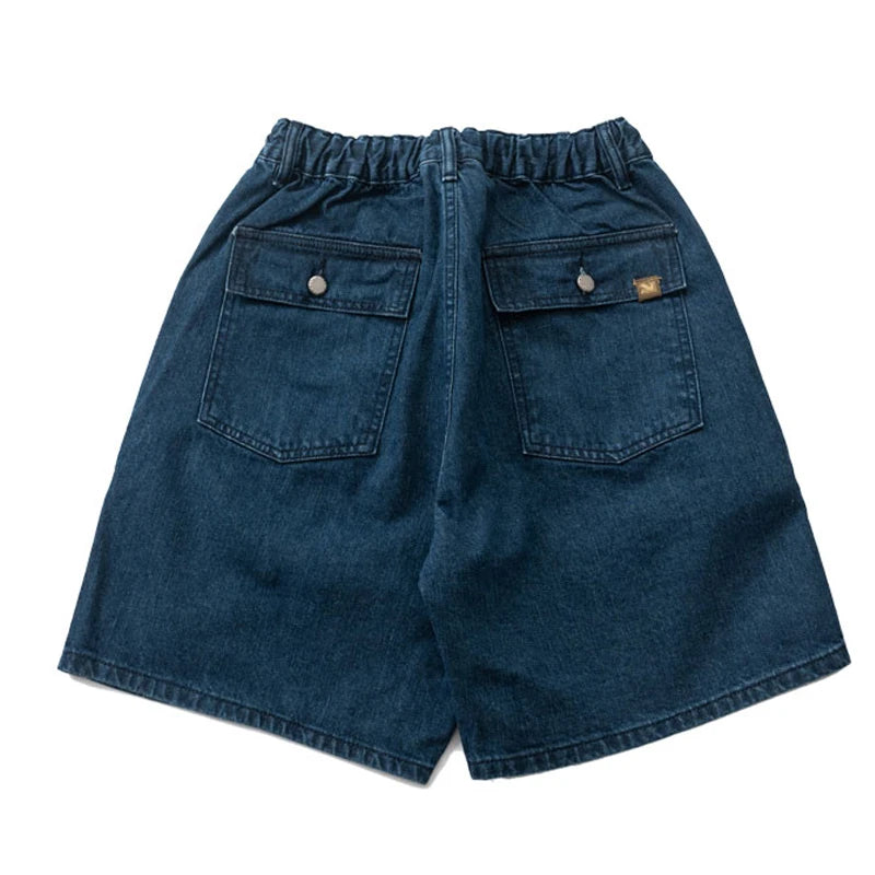 Summer Men's New Japanese Trendy Workwear Style Double Pocket Loose Drawstring Elastic Waist Denim Shorts for Men and Women