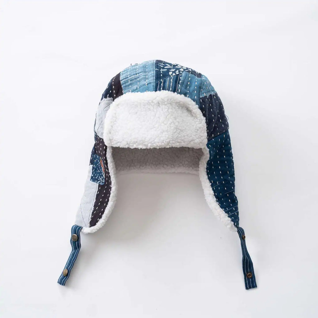 Embroidered Indigo Patchwork Warm Ear Protection Bomber Hat for Men and Women Winter with Thick Velvet and Anti Cold Flying Hat