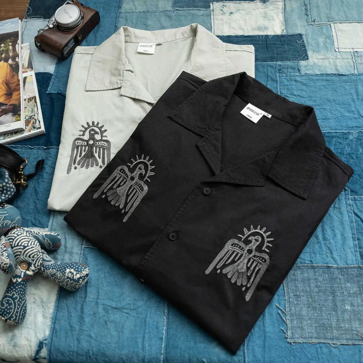 Japanese Thunderbird Embroidered Short Sleeve Casual Loose Shoulder Summer Shaped Shirt Men and Women