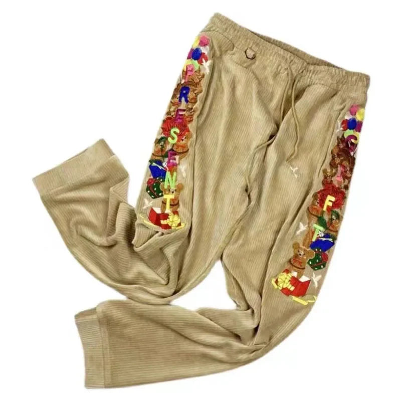 New Japanese Vintage Men's and Women's Loose Fashion Corduroy Casual Trousers Heavy Industry Embroidery Pants