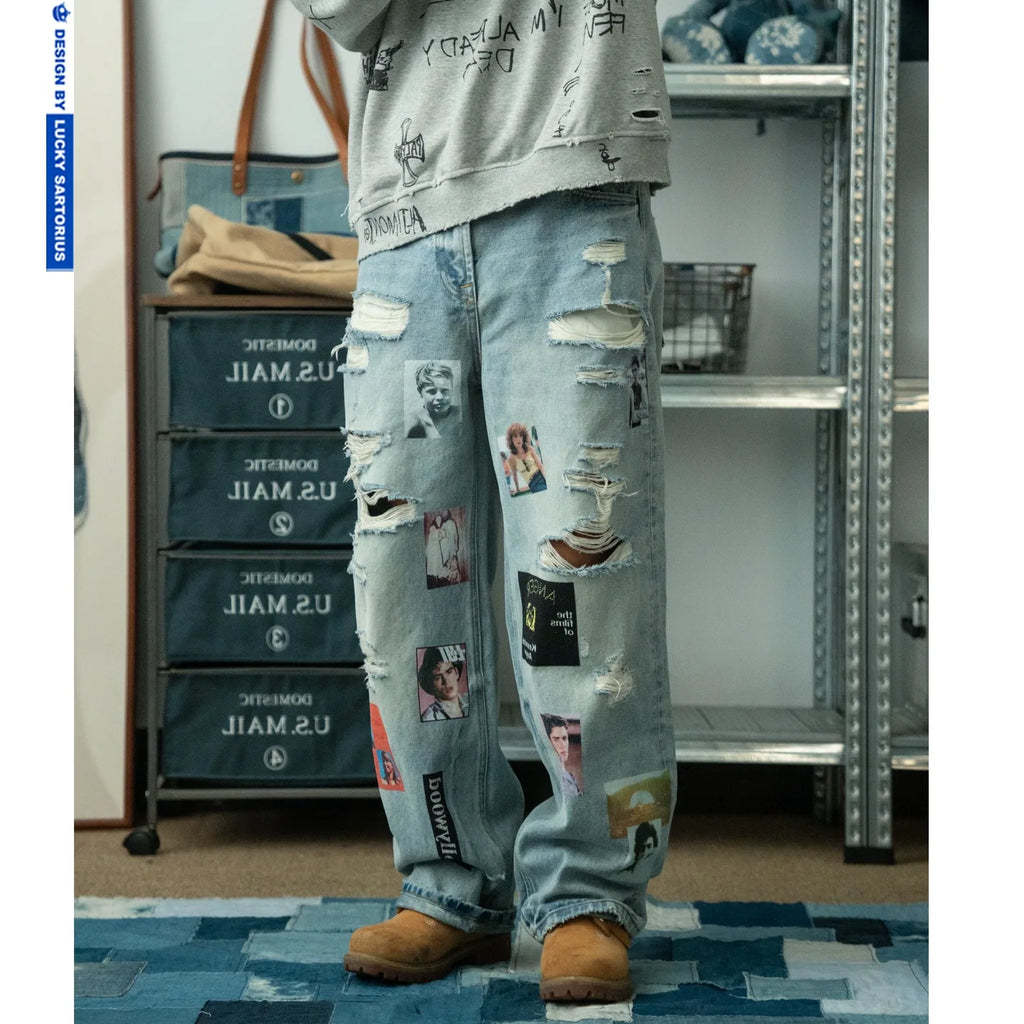 Autumn and Winter Thick Denim with Perforated Portrait Print Niche Straight Leg Long Jeans Men's and Women's Fashion Pant