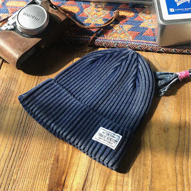 Japanese Retro Style Handmade Vintage Washed Blue Dyed Knitted Hat Versatile Cold Yarn Cap