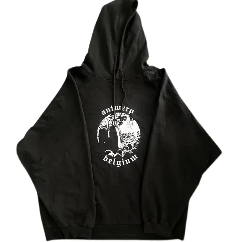 Archive Autumn Loose High Street Hoodie Men Black Casual Letter Printed Hooded Pullover with Figure Pattern