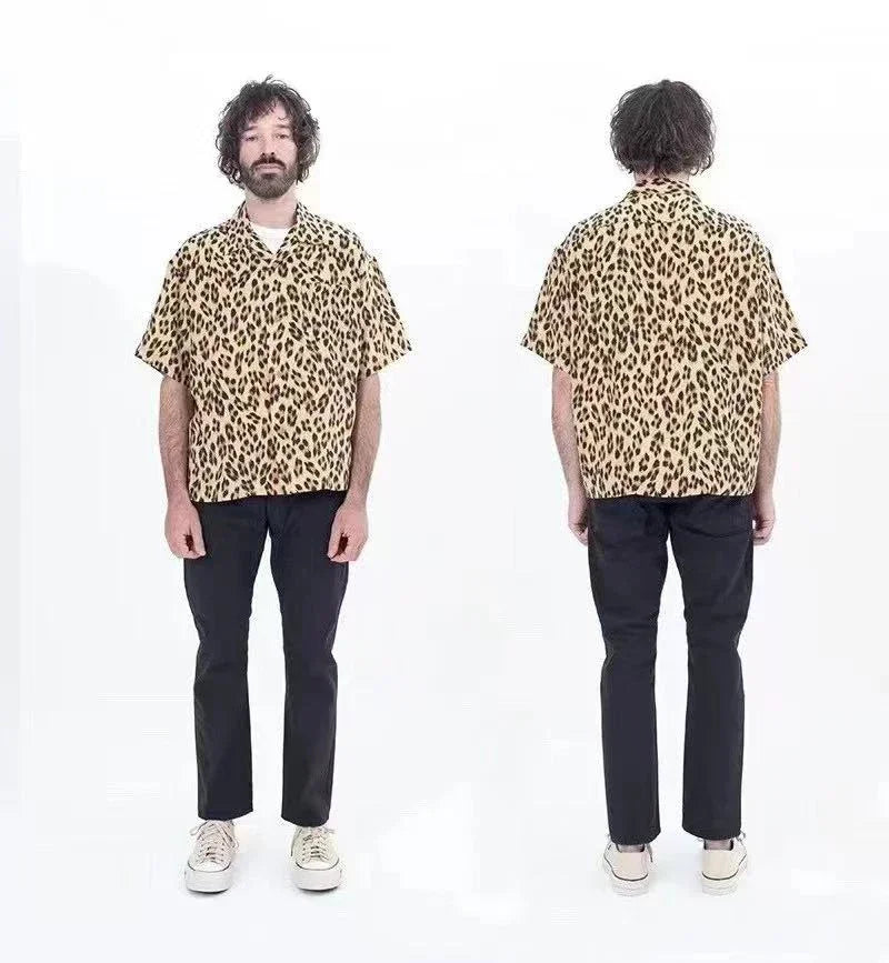 23ss Japanese Men and Women Casual Hawaiian Leopard Print Short Sleeved Cardigan Shirt