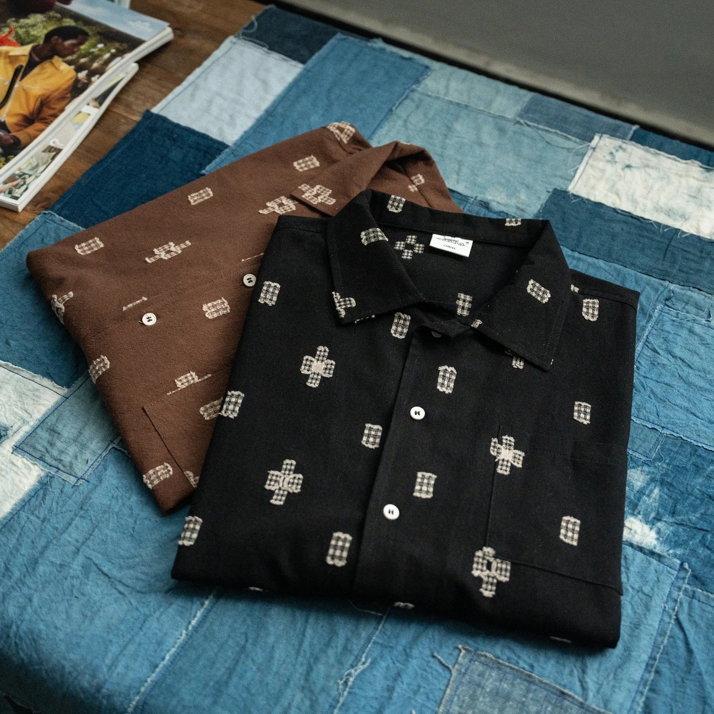 Japanese Retro Geometric Cut Flower Short Sleeved Shirt Summer Casual Loose Cuban Collar Top for Men