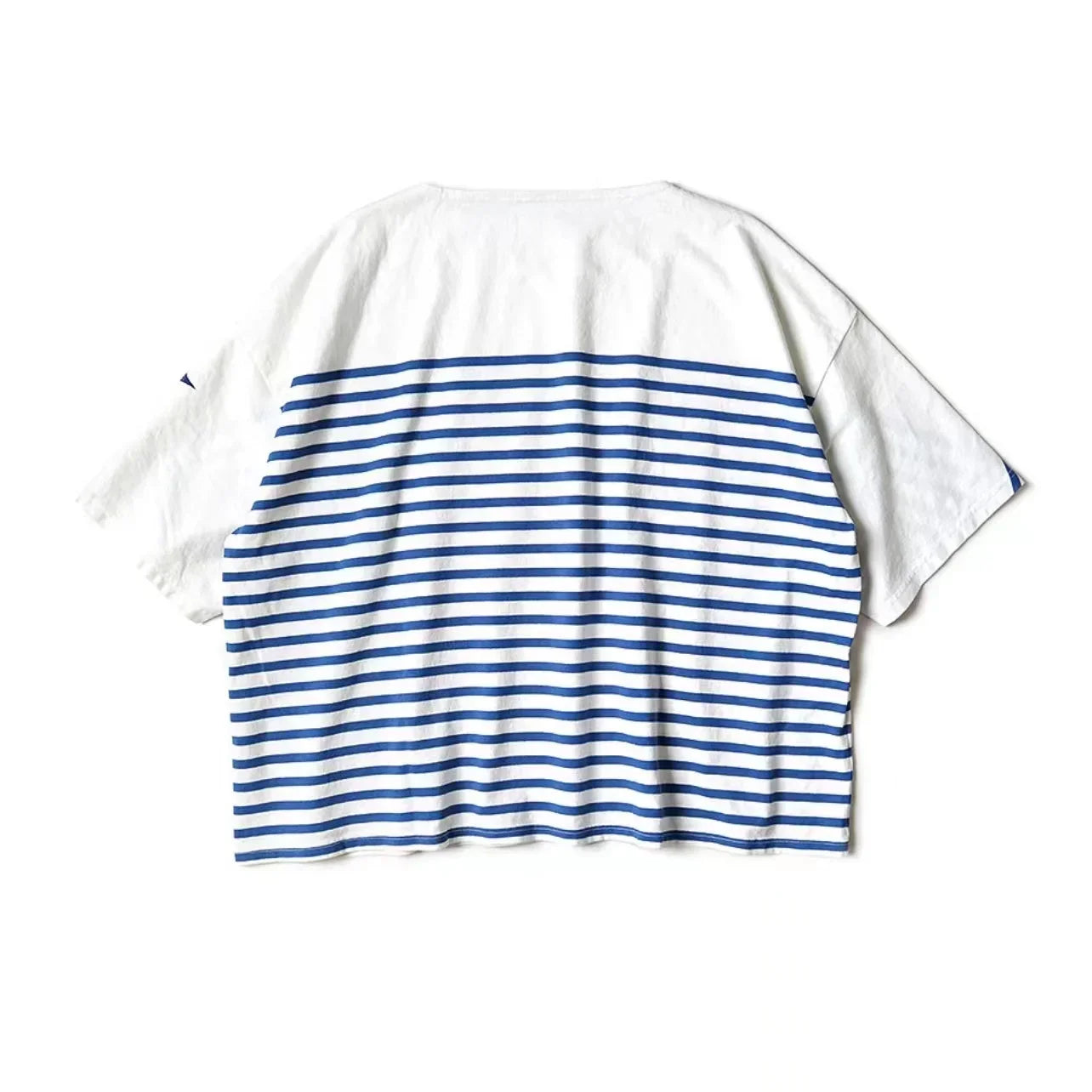 22SS KAPITAL Hirata Kazuhiro Blue and White Striped Color Matching Loose Three Flag Round Neck Short Sleeved T-shirt Men New