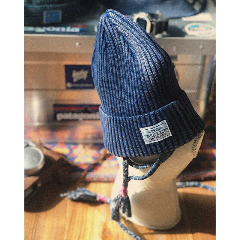 Japanese Retro Style Handmade Vintage Washed Blue Dyed Knitted Hat Versatile Cold Yarn Cap