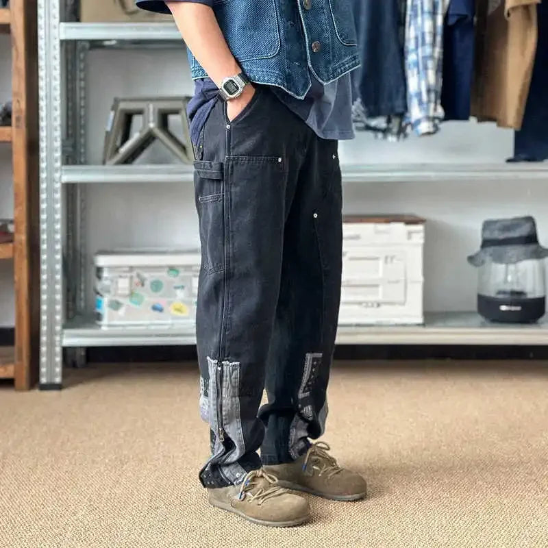 Japanese Retro Double Knee Patch with Ethnic Style Cashew Flower Patch Patchwork Jeans for Men and Women's Fashion Pants