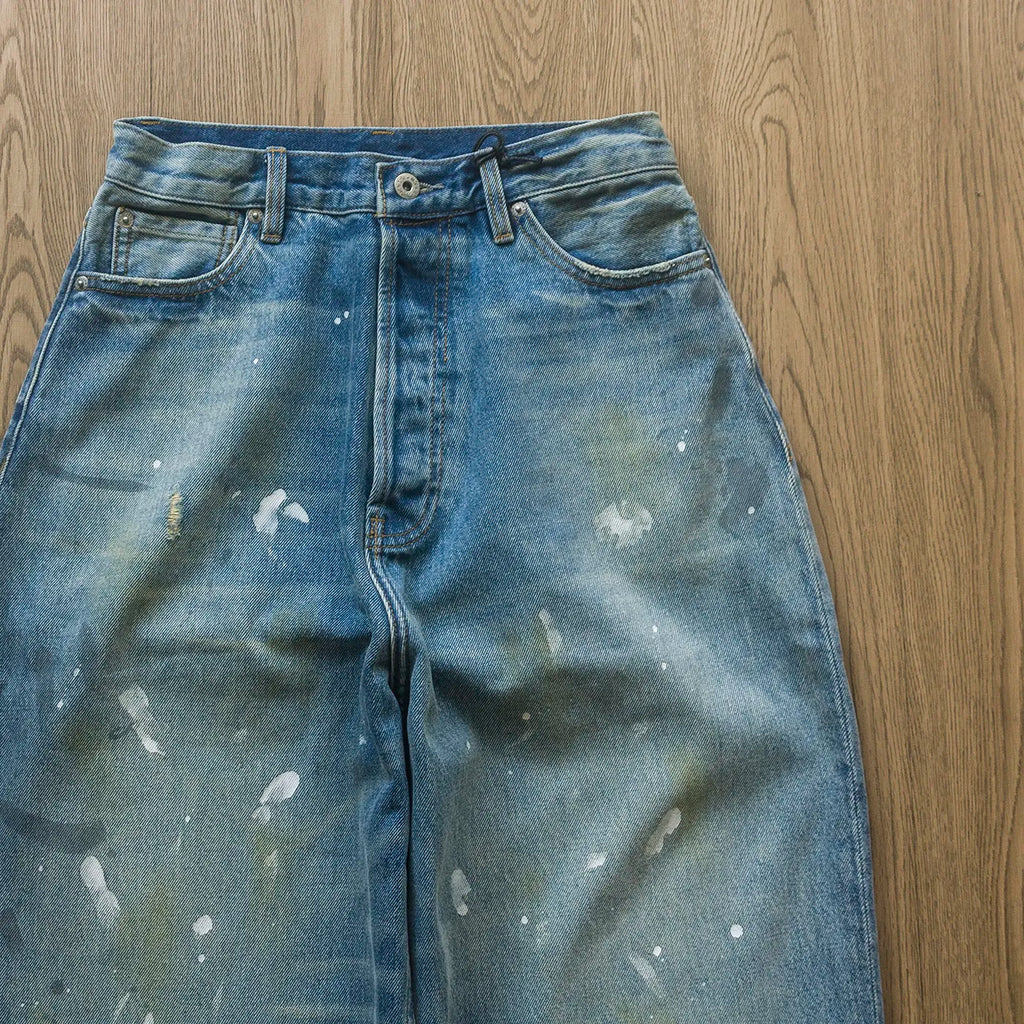 Water Washed Repainted Vintage Light Blue Jeans Japanese Trendy Men's and Women's Loose Straight Leg Heavyweight Pants