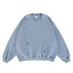 Japanese Retro Washed Distressed Embroidered Flower Round Neck Hoodie for Men and Women Loose Casual Top