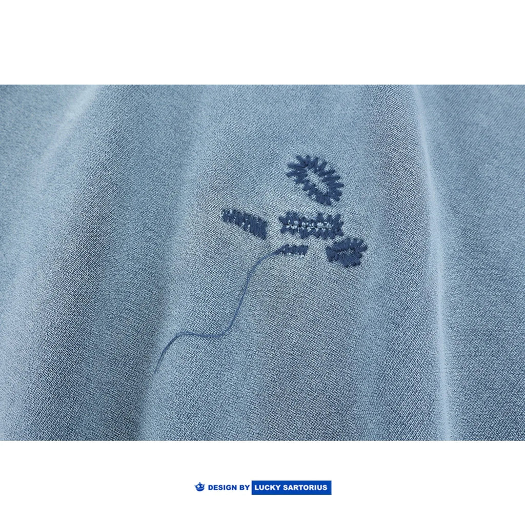 Japanese Retro Washed Distressed Embroidered Flower Round Neck Hoodie for Men and Women Loose Casual Top