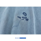 Japanese Retro Washed Distressed Embroidered Flower Round Neck Hoodie for Men and Women Loose Casual Top